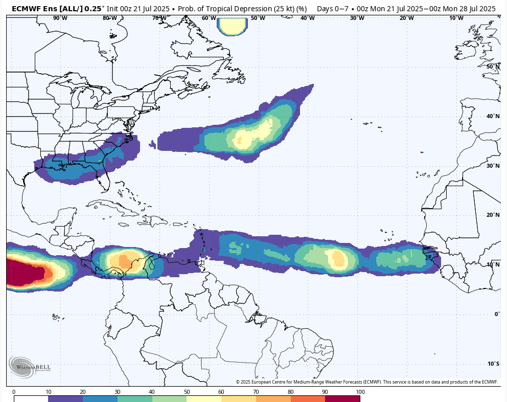 JimCantore's tweet image. In addition to the NEW #Invest94L in the central Atlantic another system should emerge from Africa that will follow 94L and we will watch an old front well off the east coast for signs of development. A Tutt low spinning east of the Bahamas will back into Fl and the Gulf that…