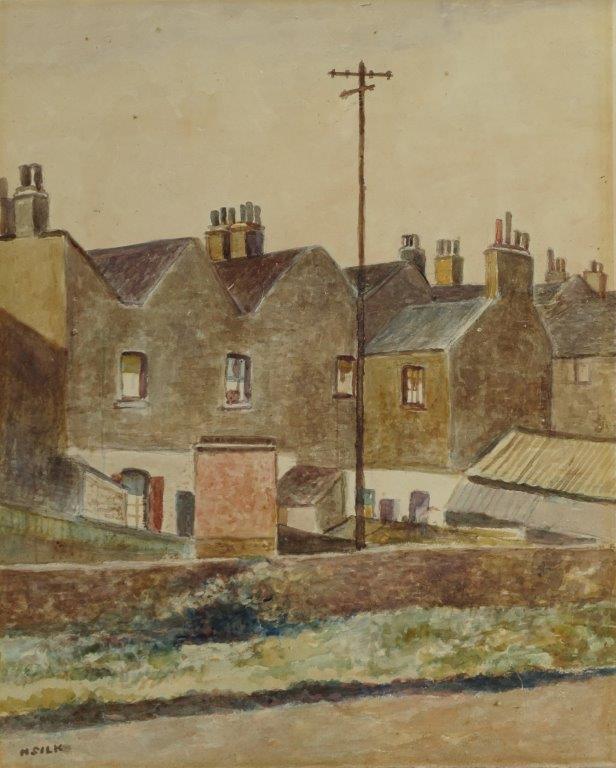 EastLndonGroup's tweet image. This is "From an East End Window" by Henry Silk from 1931. Henry rented a room from his sister, Ellen Hawthorn (Elwin's mother) at her home at 11, Rounton Road in Bow & this was the view from his window. #HenrySilk #EastLondonGroup