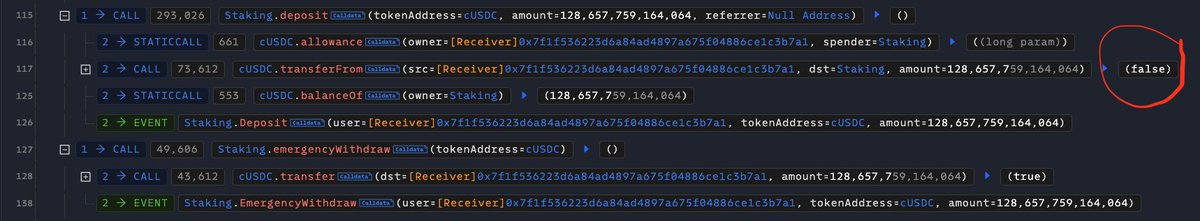Cute hack of the week

Did you know that some older compound cTokens return false on failure instead of reverting?

This staking contract discovered that the hard way

app.blocksec.com/explorer/tx/et…