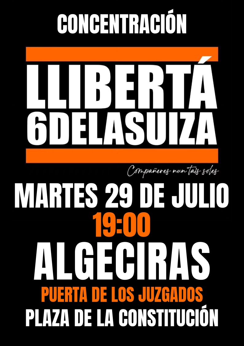 La semana que viene, el martes 29 de julio a las 19:00, nos concentramos en la puerta de los juzgados de la Plaza de la Constitución en Algeciras para exigir el indulto de <a href="/6delaSuiza/">6 de la Suiza</a> , condenadas por ejercer sus derechos sindicales.

Callarse no es una opción

#ATA
#6DeLaSuiza