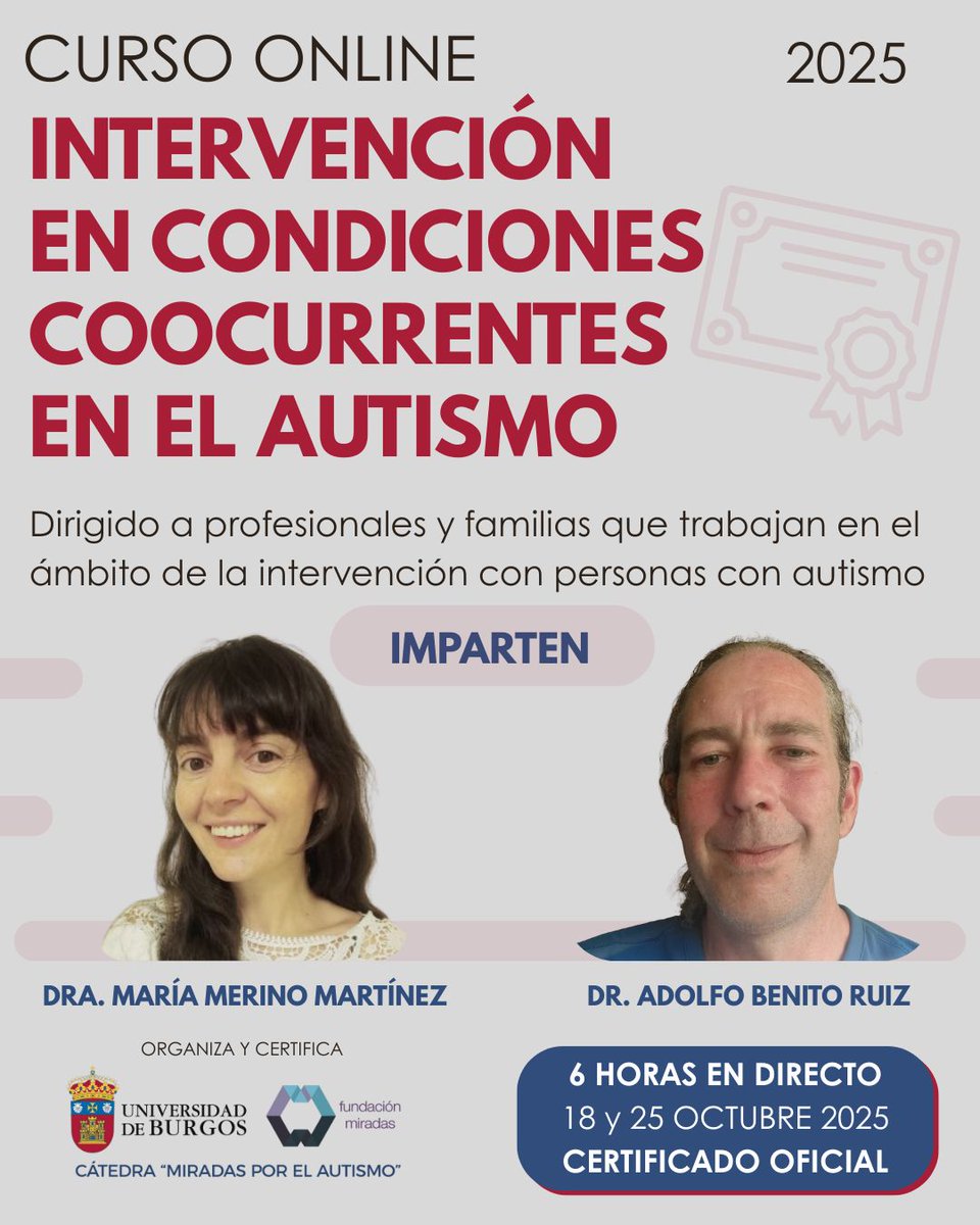 🔵 Formarse para comprender mejor, acompañar mejor
Curso online: “Intervención en condiciones coocurrentes en el autismo”
Un espacio de formación profunda sobre salud física, mental y modelos de apoyo en personas con autismo.

⬇️Inscripciones ya abiertas
fundacionmiradas.org/formacion-3