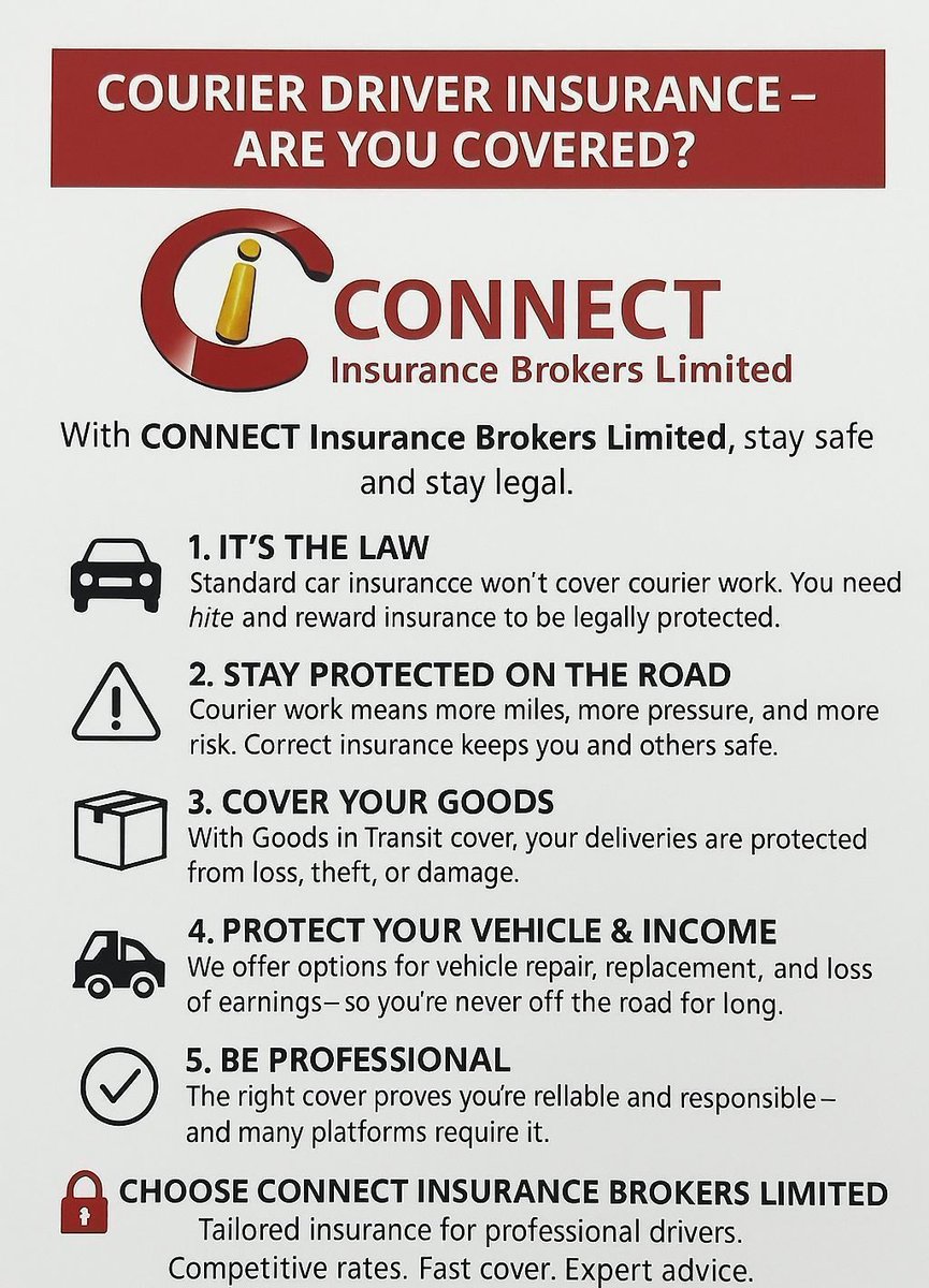 COURIER DRIVERS - ARE YOU COVERED⁉️...

Just starting working as a courier driver or paying too much for your courier insurance? 🚚 

GET A QUOTE NOW FROM CONNECT NOW - connect-insurance.uk/commercial-mot… or phone 01782 200765 ☎️

#CourierInsurance #Connect #Insurance #Brokers #Courier
