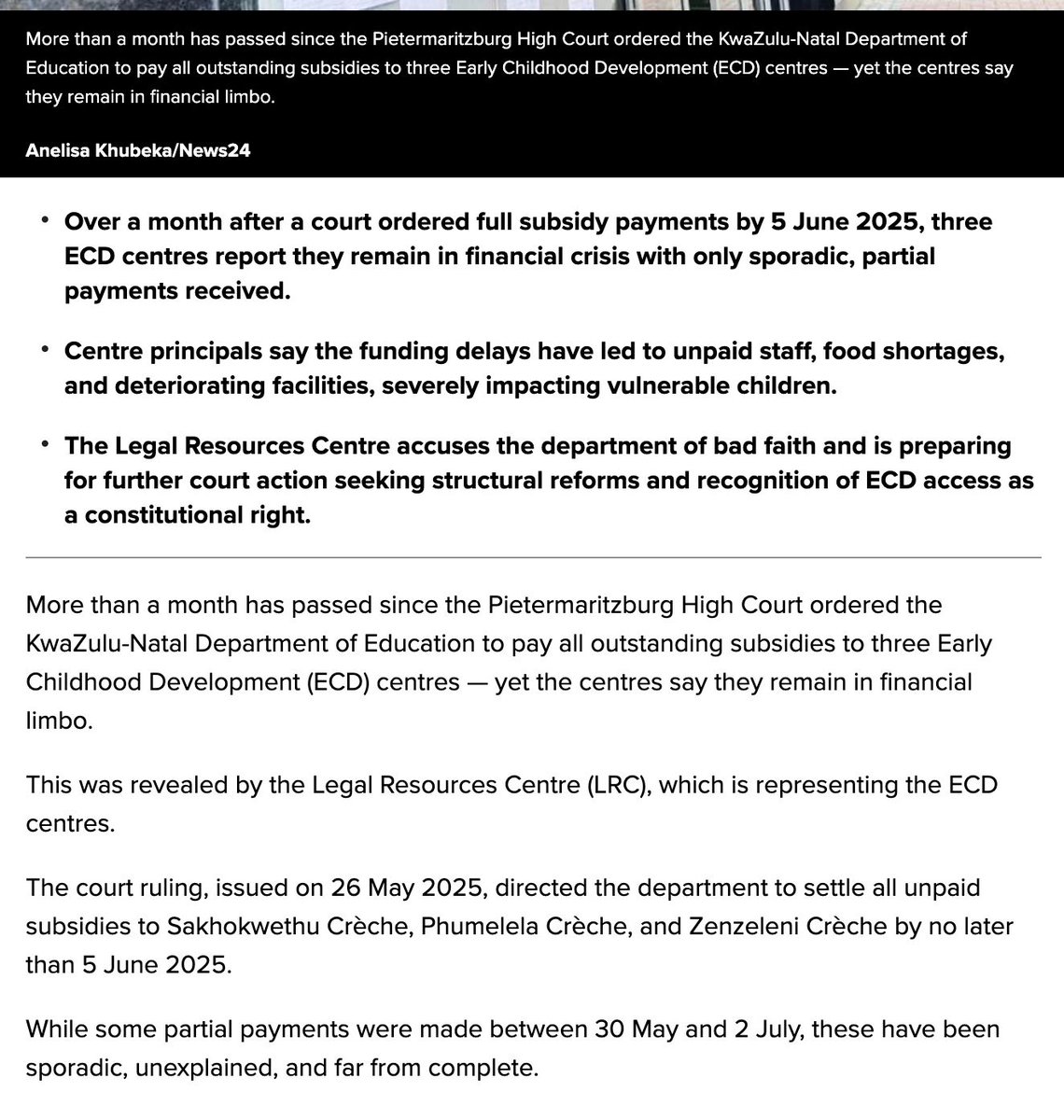 Centre for ECD (@cecd_online) on Twitter photo The KZN <a href="/DBE_SA/">Dep. Basic Education</a> has failed to pay overdue court-ordered ECD subsidies. The centres are having to choose between paying staff or feeding the children in their care.
Read the full article here:
news24.com/southafrica/ne…
#ECD #Subsidy #DBE <a href="/GovernmentZA/">South African Government</a> The KZN <a href="/DBE_SA/">Dep. Basic Education</a> has failed to pay overdue court-ordered ECD subsidies. The centres are having to choose between paying staff or feeding the children in their care.
Read the full article here:
news24.com/southafrica/ne…
#ECD #Subsidy #DBE <a href="/GovernmentZA/">South African Government</a>