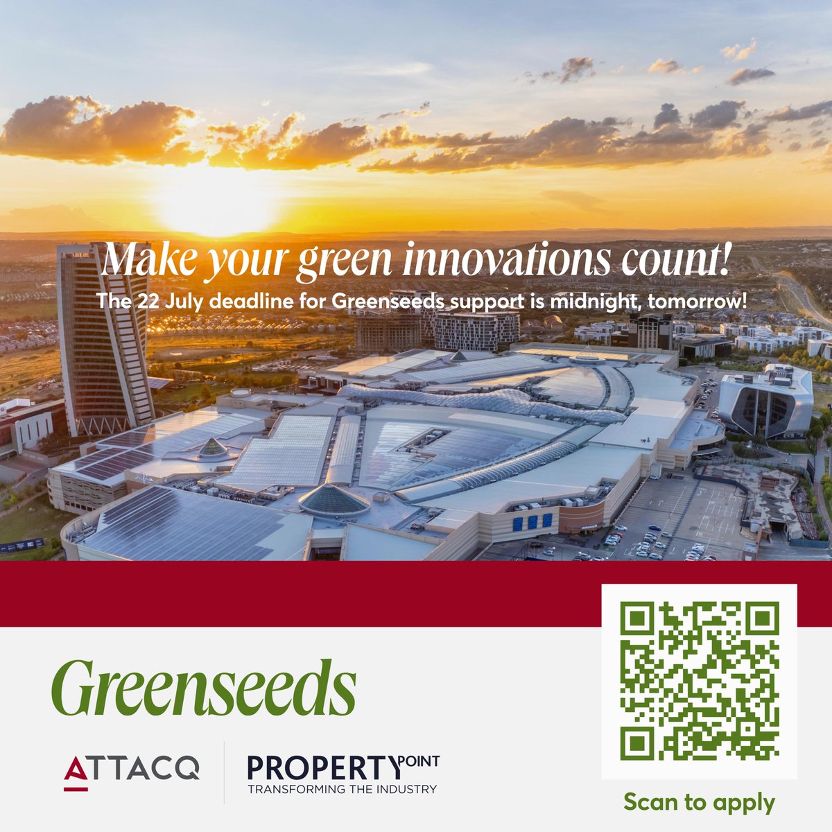 Attacq Limited (@attacqlimited) on Twitter photo 51% Black-owned startup creating sustainable solutions in energy, water, waste, or tenant engagement?
Apply to Green Seeds Competition by midnight, 22 July for funding & mentorship from <a href="/AttacqLimited/">Attacq Limited</a> and <a href="/PropPoint/">PropertyPoint</a> 👇
propertypoint.org.za/greenseeds/
#AttacqCares #PropertyPointImpact 51% Black-owned startup creating sustainable solutions in energy, water, waste, or tenant engagement?
Apply to Green Seeds Competition by midnight, 22 July for funding & mentorship from <a href="/AttacqLimited/">Attacq Limited</a> and <a href="/PropPoint/">PropertyPoint</a> 👇
propertypoint.org.za/greenseeds/
#AttacqCares #PropertyPointImpact