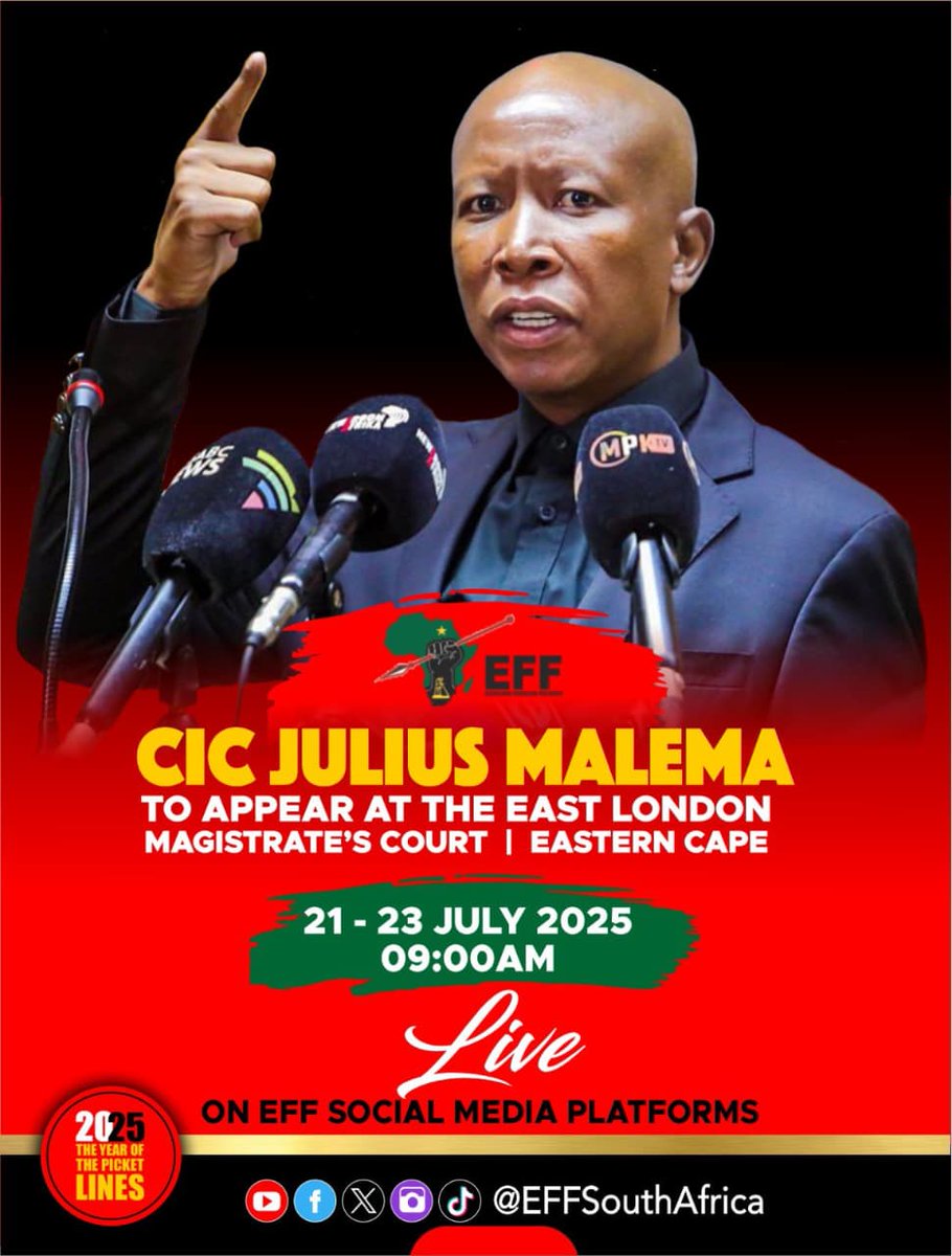 EFF_Limpopo's tweet image. ♦️Must Watch♦️
The EFF Leadership, led by President Julius Malema, has arrived at the East London Magistrate’s Court ahead of the closing arguments in the case involving politically and racially motivated charges related to the alleged discharge of a firearm during the EFF’s 5th…