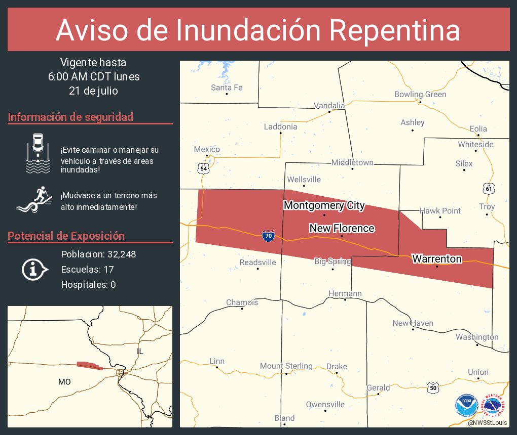NWSStLouis's tweet image. Aviso de Inundación Repentina continúa Warrenton MO, Wright City MO, Montgomery City MO hasta las 6:00 AM CDT