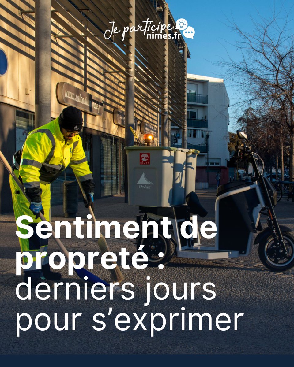 nimes's tweet image. 🧹Sentiment de propreté à Nîmes : je donne mon avis !
❗️Il vous reste quelques jours pour participer vous avez jusqu'au 27 juillet
👉Objectif : évaluer le sentiment de propreté à l’échelle de la ville
💻Pour participez c'est ici : jeparticipe.nimes.fr/project/enquet…
