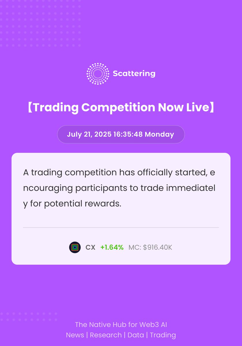 Scattering (@scattering_io) on Twitter photo 📢Featured Announcements of Web3 AI
cortexprotocol.hl <a href="/Cortex_Protocol/">cortexprotocol.hl</a>
【Trading Competition Now Live】
A trading competition has officially started, encouraging participants to trade immediately for potential rewards.
x.com/Cortex_Protoco… 📢Featured Announcements of Web3 AI
cortexprotocol.hl <a href="/Cortex_Protocol/">cortexprotocol.hl</a>
【Trading Competition Now Live】
A trading competition has officially started, encouraging participants to trade immediately for potential rewards.
x.com/Cortex_Protoco…