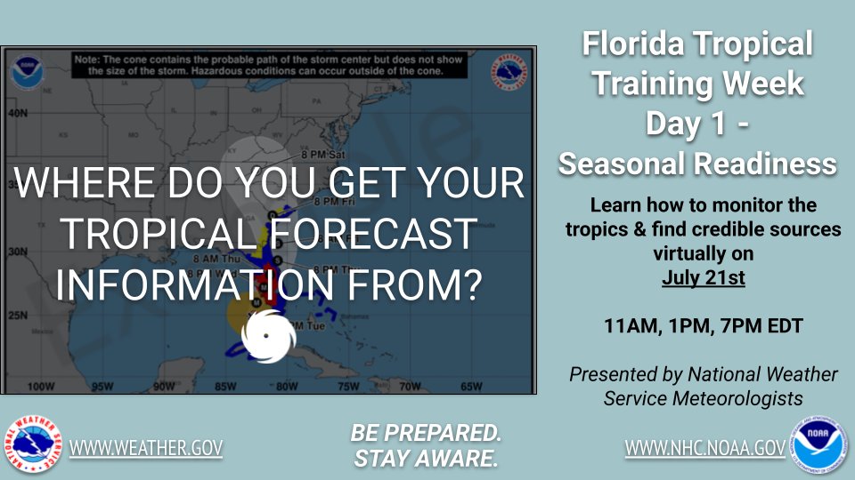 NWSTallahassee's tweet image. 7/21: 🌀TODAY is Day 1 of FL Tropical Training Week!
Learn from NWS meteorologists about:
-seasonal readiness
-personal vulnerability
-credible forecast sources
Q&A session too!
Register & learn more at weather.gov/jax/FloridaTro…
⏰ 3 sessions daily: 11AM, 1PM, 7PM EDT⏰