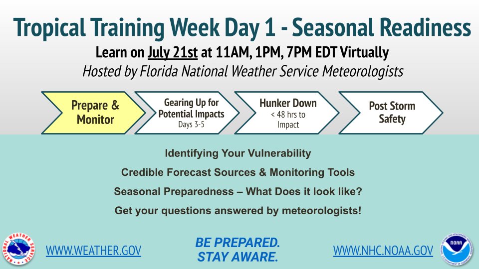 NWSTallahassee's tweet image. 7/21: 🌀TODAY is Day 1 of FL Tropical Training Week!
Learn from NWS meteorologists about:
-seasonal readiness
-personal vulnerability
-credible forecast sources
Q&A session too!
Register & learn more at weather.gov/jax/FloridaTro…
⏰ 3 sessions daily: 11AM, 1PM, 7PM EDT⏰