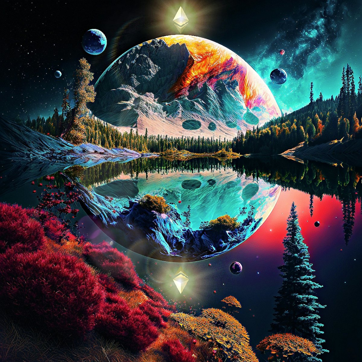 Tegiri5's tweet image. ETH and BEAUTY OF THE GALAXY available on @foundation
The sky's deep hues,reflected in waters still,Create an enchanting scene,where magic's at will.Surreal colors burst,in a mesmerizing display,A fusion of earthly peace,and intastellar sway.This breathtaking world,is a wonder…