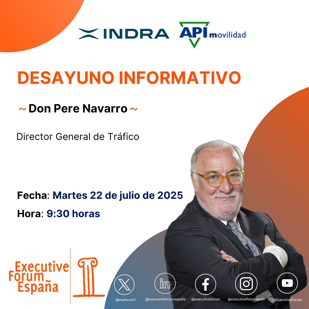 🚦 Mañana nos acompaña D. Pere Navarro Olivella, director gral. de la <a href="/DGTes/">Dir. Gral. Tráfico</a>, en un desayuno informativo organizado con <a href="/Imesapi/">Imesapi</a>  e <a href="/IndraCompany/">Indra</a> .

🔗 Más info: exeforum.biz/22-de-julio-de…

📺 En directo: youtube.com/live/51GHW85FP…

#Movilidad #DGT #APIMovilidad #Indra #ExecutiveForum