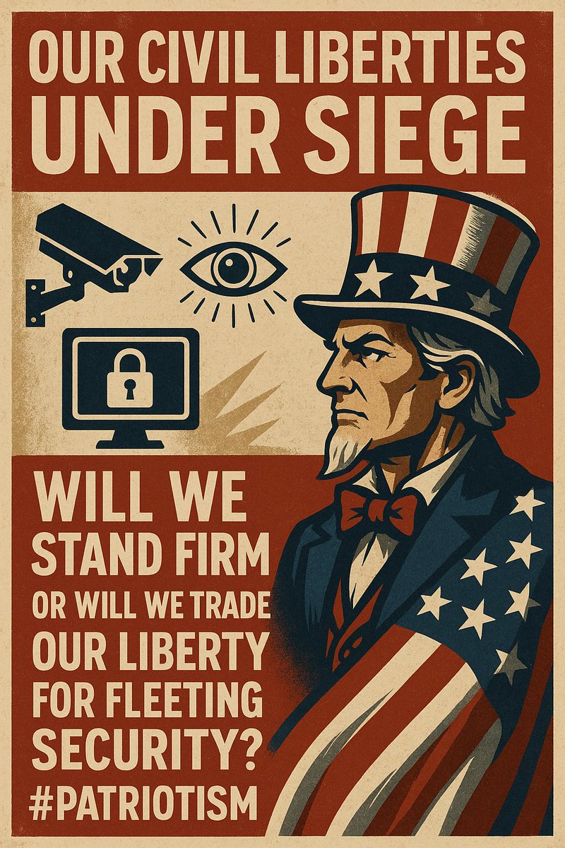 Today, we stand at a crossroads. Our civil liberties are under siege. From mass surveillance to censorship, the very foundations of our republic are being tested. Will we stand firm, or will we trade our liberty for fleeting security? #Patriotism