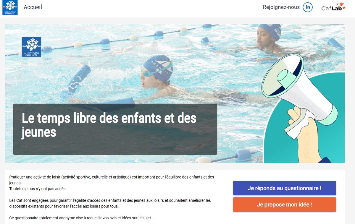 Temps libre des enfants et des jeunes
La cnaf lance un questionnaire (réponse avant le 25/08)
lacafavotreecoute.fr/#/campagne/237
#loisirs #enfants