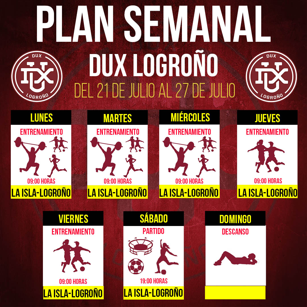 🔴 |   PLAN SEMANAL | ⚒️🏋️🤼‍♀️🤸‍♀️⚽️🥅 DUX Logroño.

<a href="/DUXLogrono/">DUX Logroño</a> <a href="/LigaF_oficial/">Liga F</a>
#GoDUX #seguimoscreciendo #LigaFMoeve