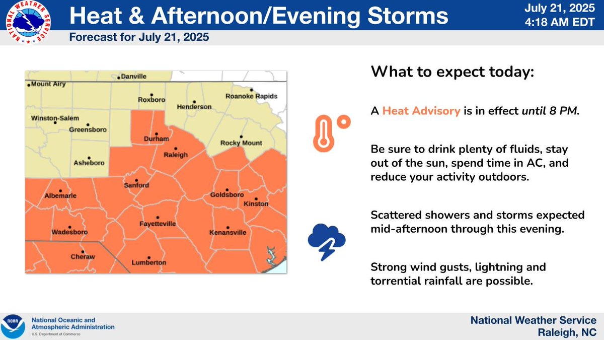 NWSRaleigh's tweet image. Another hot and humid day expected today. A Heat Advisory will be in effect from 11 AM until 8 PM. Scattered storms will be capable to strong wind gusts, lightning and torrential rainfall. #NCwx