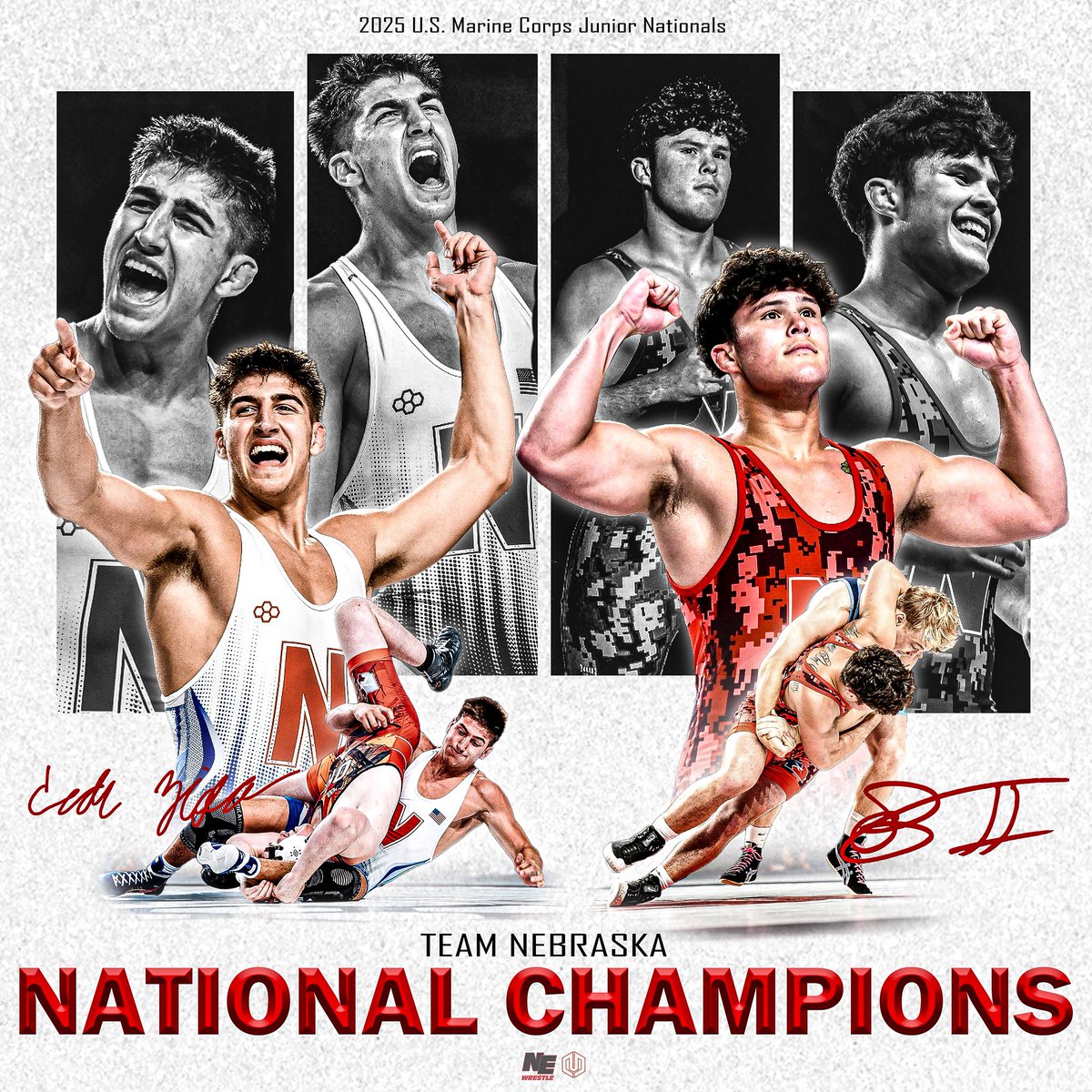 NEBwrestle's tweet image. For the first time in Nebraska history, we have two separate Junior National Champions in different styles in the same year! Cade Ziola (215 Freestyle) and Adonis Bonar (190 Greco)! Signed Cade and Adonis ✍️
🎨 @MDensonDesigns
📸 @mogui131 / @alijo30