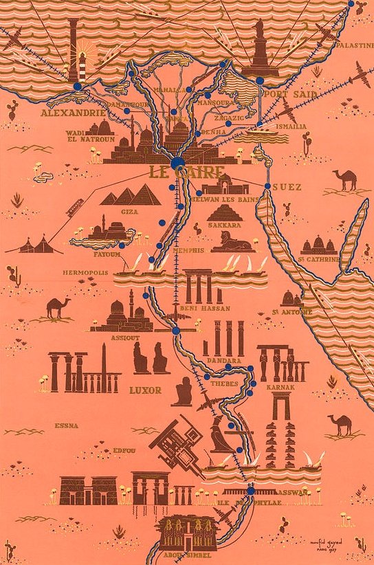 MapsAfrican's tweet image. Antique Illustrated Map of Egypt 🇪🇬 showing monuments along the River Nile – Cairo, Luxor, Abu Simbel, etc.