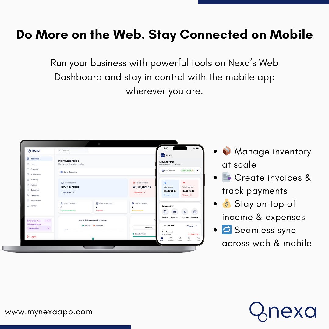 mynexaapp's tweet image. Run your business smarter with Nexa.
Track inventory, create invoices & manage finances in one AI-powered dashboard.
Stay in control on the go with our mobile app.
Get started for free 🚀:
💻 Web – dashboard.mynexaapp.com/register
iOS – apps.apple.com/ng/app/mynexaa…