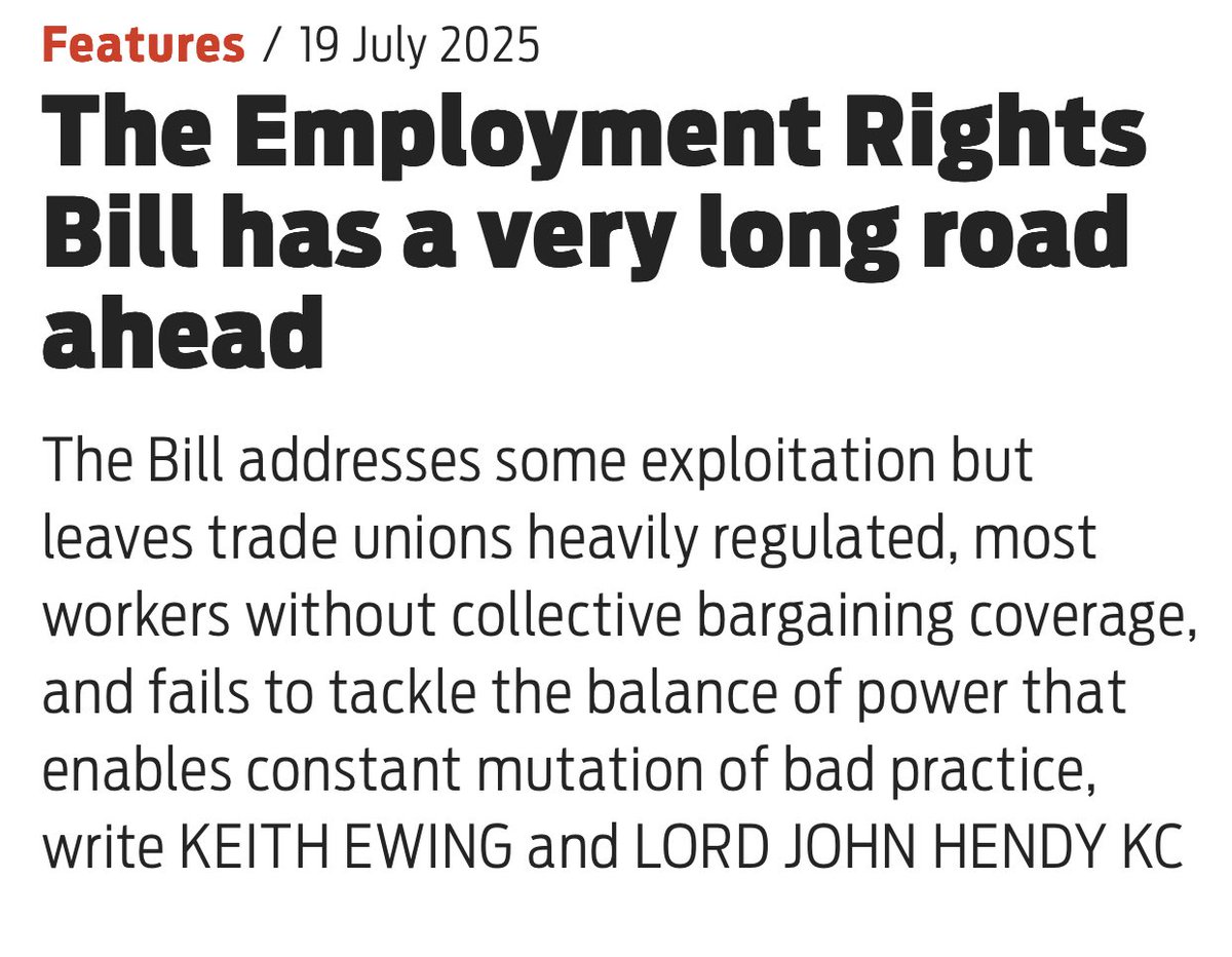 IERUK's tweet image. The Employment Rights Bill leaves trade unions heavily regulated, most workers without collective bargaining coverage & fails to tackle the balance of power that enables constant mutation of bad practice, write Prof Keith Ewing & John Hendy KC. #Tolpuddle morningstaronline.co.uk/article/employ…