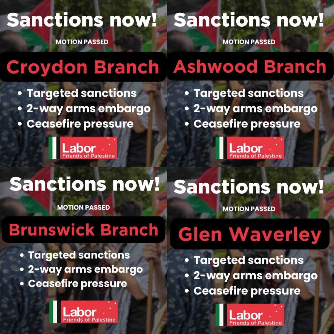 labor_palestine's tweet image. More @VictorianLabor branches on board in lead up to State Conference❗
LFOP will take comprehensive motion to conference incl:
▶ Extensive sanctions
▶ Arms & intelligence embargo
▶ Investigation (& potential prosecution) of Australians serving in IDF
▶ Recognise 🇵🇸