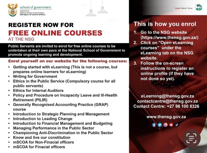 GCISGauteng's tweet image. Free Learning Opportunity for Public Servants!
Dear Public Servant, upgradeyour skills with NSG’s FREE online short courses!
📷 Register now and start learning today: 📷 zurl.co/75jRw
#Capacitybuilding #LearnServeGrow #TheNSG @GovernmentZA @GautengProvince