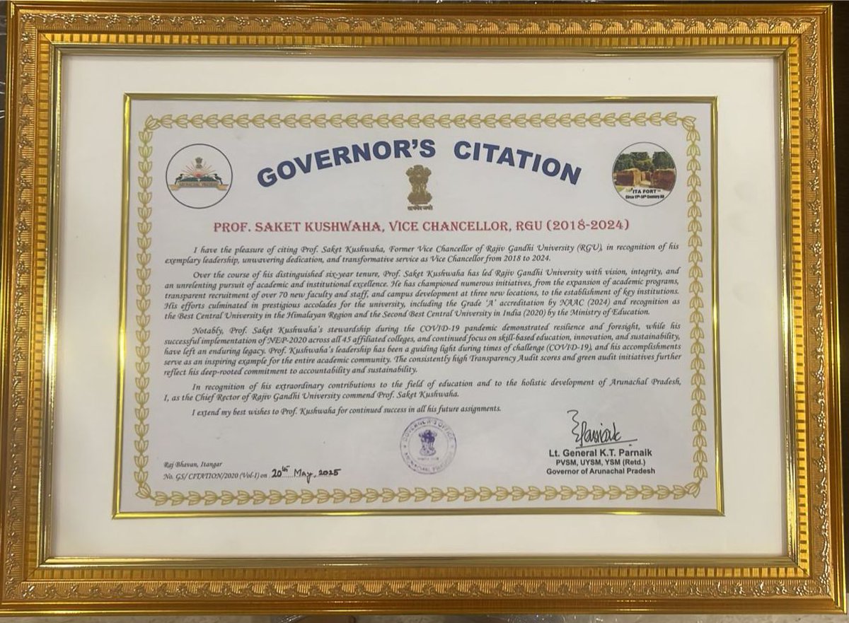 UNIVERSITY OF LADAKH (@uladakh) on Twitter photo Prof. <a href="/Saket_Kushwaha4/">Prof. Saket Kushwaha</a> HVC, UoL & ex-VC <a href="/RGU1984/">Rajiv Gandhi University</a> honoured by Hon'ble Governor of Arunachal Pradesh for his visionary leadership at RGU (2018–2024). Led NAAC A grade, NEP-2020 rollout, COVID resilience & campus expansion. A legacy of excellence
<a href="/lg_ladakh/">Office of the Lt. Governor, Ladakh</a> <a href="/EduMinOfIndia/">Ministry of Education</a> Prof. <a href="/Saket_Kushwaha4/">Prof. Saket Kushwaha</a> HVC, UoL & ex-VC <a href="/RGU1984/">Rajiv Gandhi University</a> honoured by Hon'ble Governor of Arunachal Pradesh for his visionary leadership at RGU (2018–2024). Led NAAC A grade, NEP-2020 rollout, COVID resilience & campus expansion. A legacy of excellence
<a href="/lg_ladakh/">Office of the Lt. Governor, Ladakh</a> <a href="/EduMinOfIndia/">Ministry of Education</a>