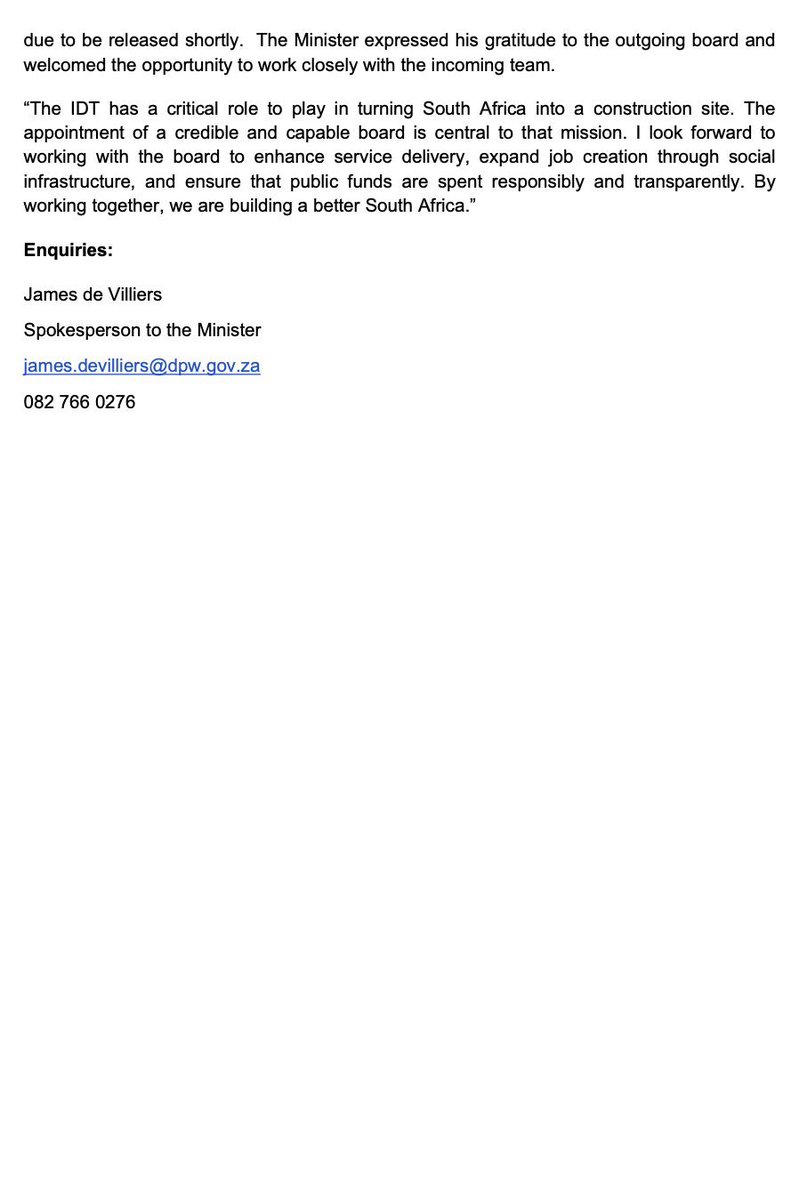 goolammv's tweet image. MAJOR STRIDES BEING MADE BY GNU:
The department of public works was looted for years of billions and billions of rands. Minister Dean Macpherson has followed the process, fired the crooks. To strengthen the IDT board, following due process, @DeanMacpherson welcomes the election…