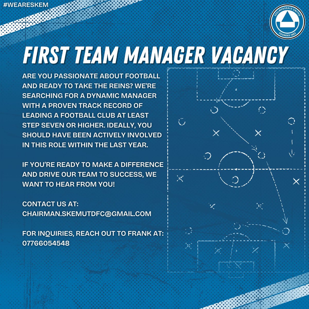 FIRST TEAM MANAGER VACANCY - APPLY NOW 🔵

#weareskem #skem #united #blue #blueboys #supportyourlocal #showyoursupport #preseason #newera #notjustagame #awayday #football #yourtown #manager #gaffa #boss #vacancy #hire #hiring #job #jobopportunity