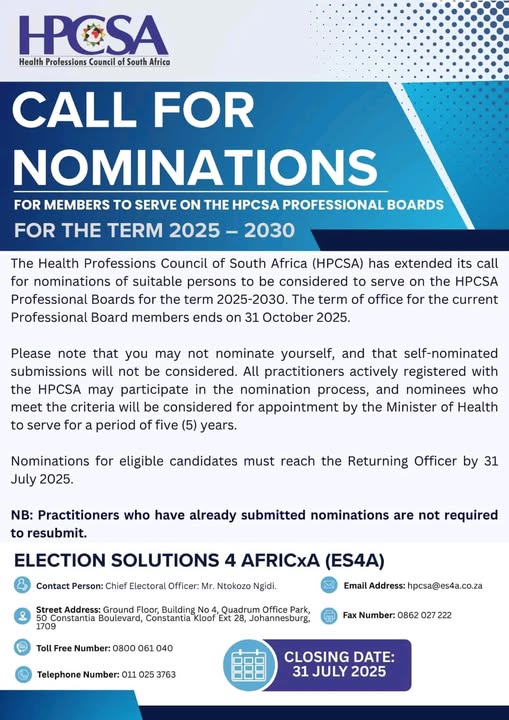GCISGauteng's tweet image. 📢 CALL FOR NOMINATIONS | HPCSA
Nominations are open for members to serve on the HPCSA Professional Boards for the 2025–2030 term.
✅ Only registered practitioners may nominate others (no self-nominations).
📅 Deadline: 31 July 2025 @GovernmentZA @GautengProvince