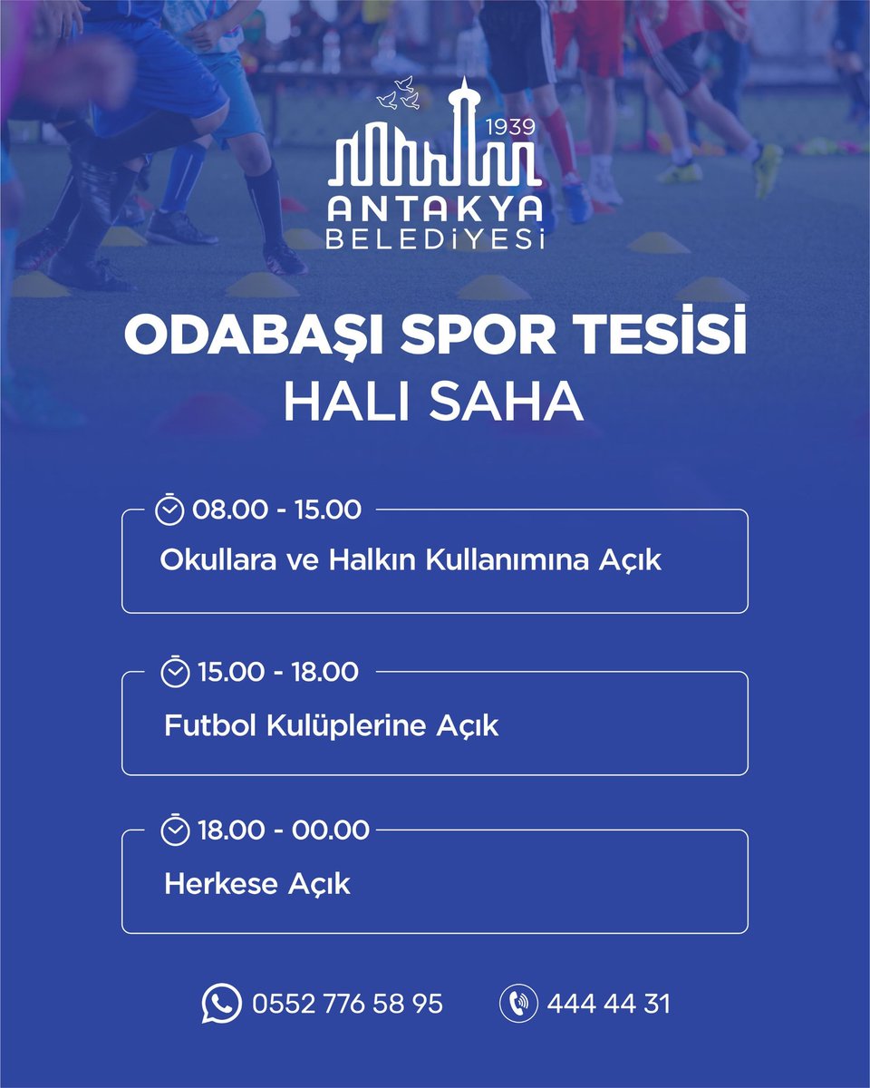 AntakyaBld's tweet image. ⚽ Odabaşı Spor Tesisi’miz tüm vatandaşlarımıza hizmet etmeye devam ediyor.
🕥 08.00-15.00 Okullara ve Halkın Kullanımına
🕥 15.00-18.00 Futbol Kulüplerine
🕥 18.00- 00.00 Tüm vatandaşlarımızın hizmetine açık hale getirilen spor tesisimize bekliyoruz.
📞 0552 776 58 95