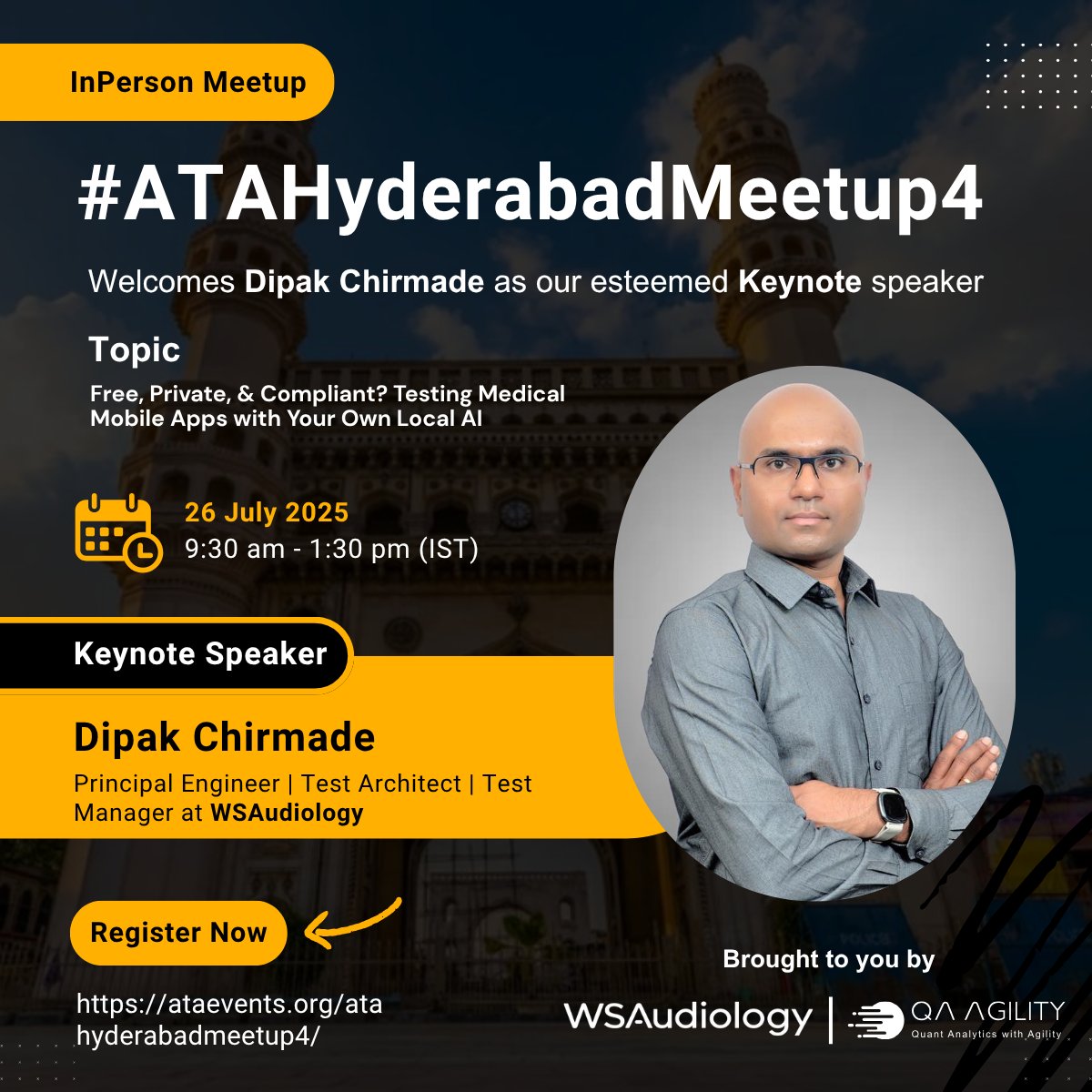Agile Testing Alliance (@agiletalliance) on Twitter photo Join us at #ATAHyderabadMeetup4 
Keynote Speaker Dipak Chirmade (WSAudiology) presents: "Free, Private, & Compliant? Testing Medical Mobile Apps with Your Own Local AI." 
July 26, 2025, 9:30 AM-1:30 PM (IST), Hyderabad. 
Register: ataevents.org/atahyderabadme… Join us at #ATAHyderabadMeetup4 
Keynote Speaker Dipak Chirmade (WSAudiology) presents: "Free, Private, & Compliant? Testing Medical Mobile Apps with Your Own Local AI." 
July 26, 2025, 9:30 AM-1:30 PM (IST), Hyderabad. 
Register: ataevents.org/atahyderabadme…