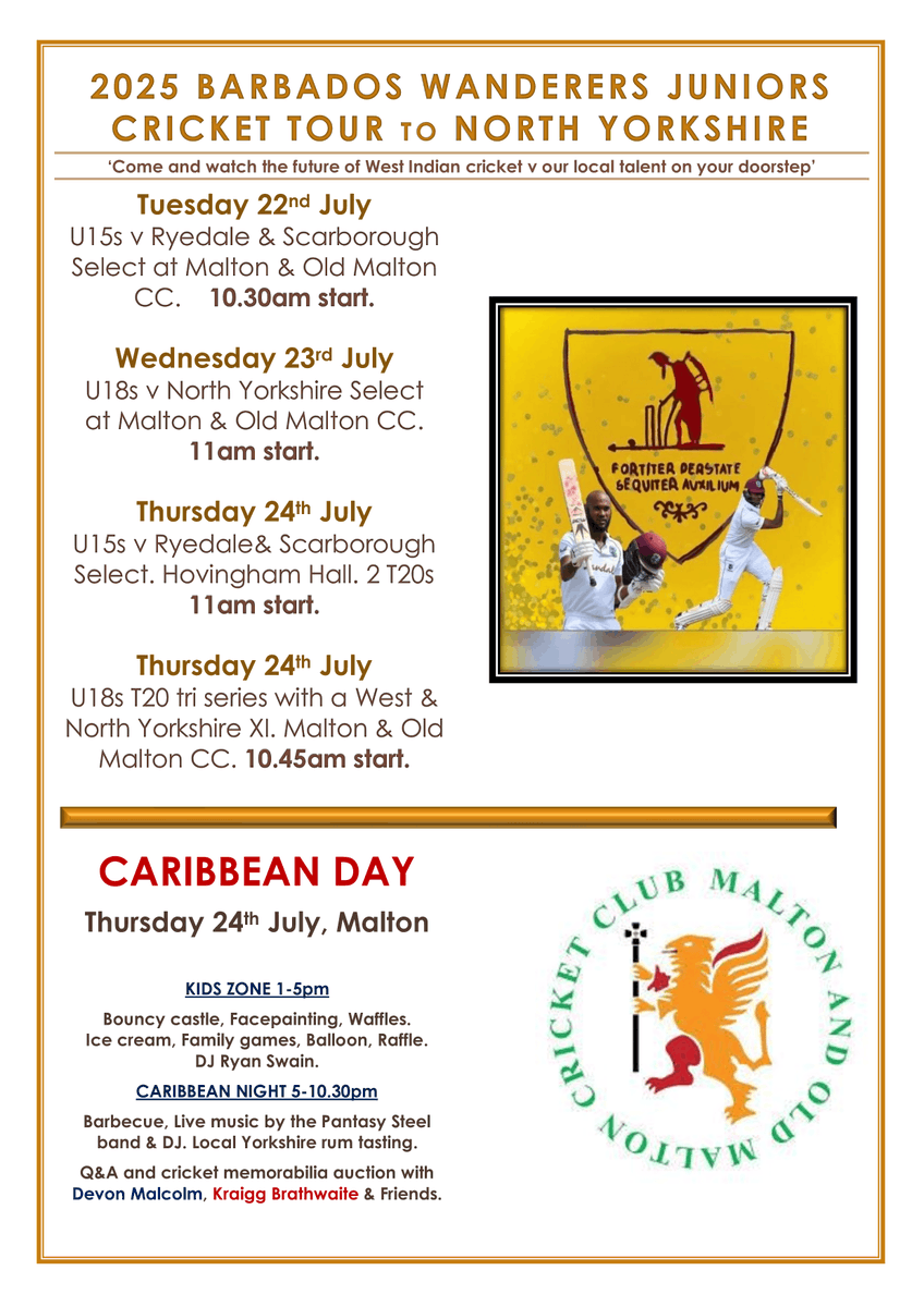 We are thrilled to welcome the 2025 Barbados Wanderers Juniors Cricket Tour to Scarborough College as part of their trip to the United Kingdom.

Alongside training at the College, they’ll be playing against  representative sides before finishing their visit with a Caribbean Day.