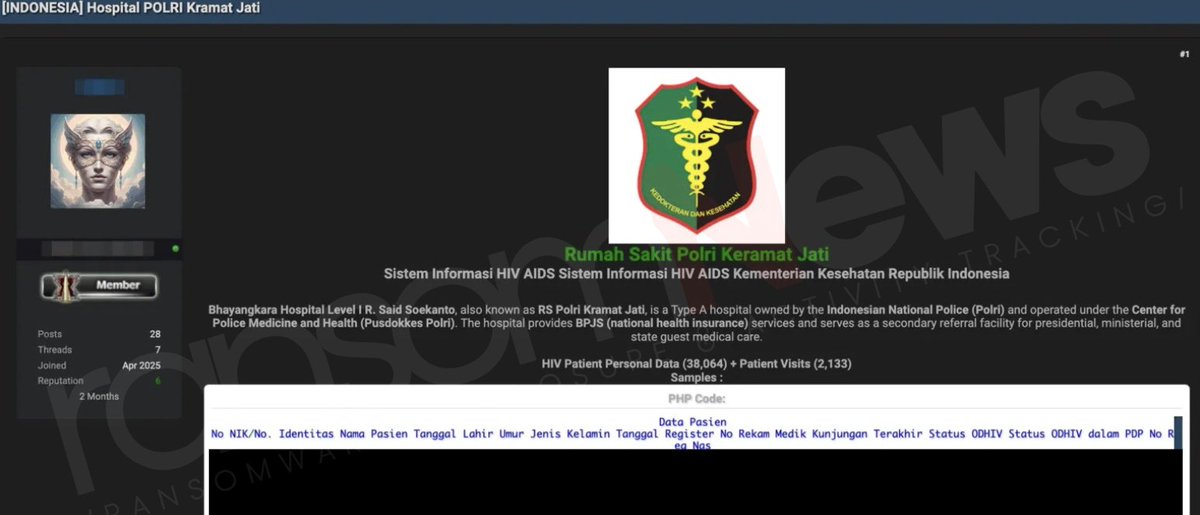 ransomnews's tweet image. ⚠️ HIV patient data from Indonesian police hospital for sale
A threat actor claims to have leaked 38K+ HIV patient records from RS Polri Kramat Jati onto a dark web forum. Data includes sensitive personal & medical info, raising major privacy & ethical alarms.
#ransomNews…