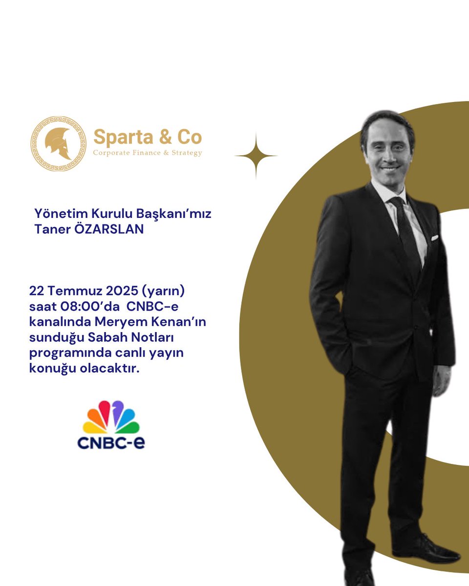 Yönetim Kurulu Başkanımız Taner Özarslan yarın saat 08.00'da CNBC-e ekranlarında Meryem Kenan'ın sunduğu "Sabah Notları" programında canlı yayın konuğu olacaktır. Keyifli seyirler!
