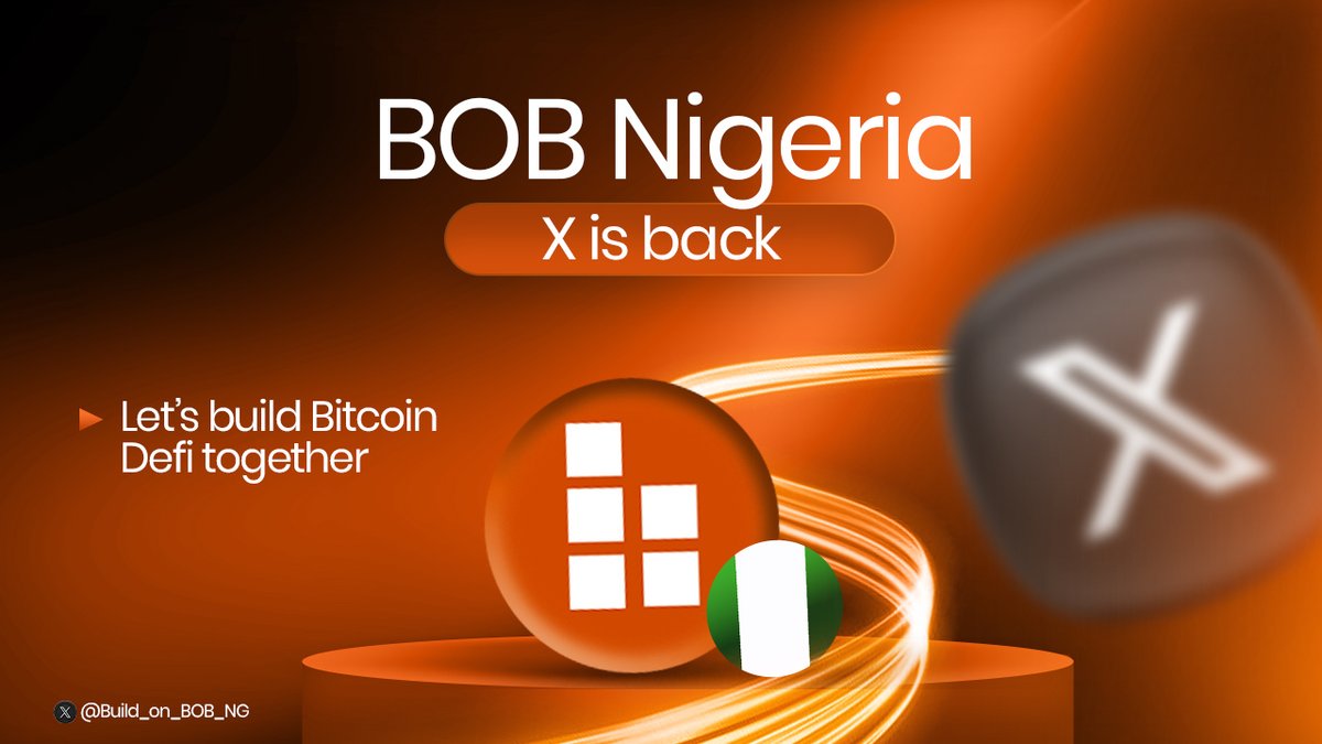 Build_on_BOB_NG's tweet image. We're back on X and Stronger! 🧡🇳🇬🧡
BOB NG now has a new home, and we’re kicking things off with a $100 giveaway 🎉
$100 for 10 lucky winners
Join us this week for a special Community X Space as we talk about what’s next for BOB in Nigeria.
Full details below 👇