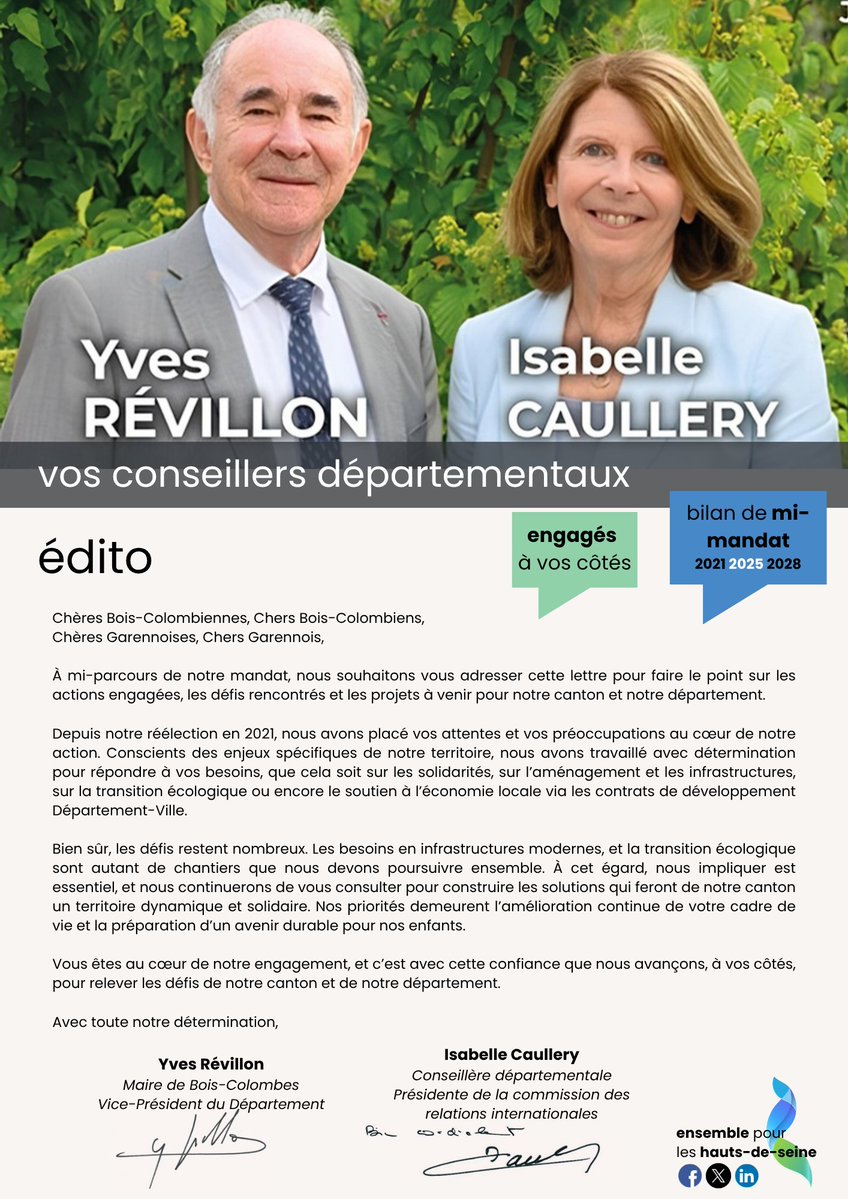 Majorite92's tweet image. Bilan de mi-mandat (2021-2028) – Canton de Bois-Colombes et La Garenne-Colombes
Vos conseillers départementaux @yvesrevillon et Isabelle Caullery, à qui Anne-Christine Jauffret a succédé en début d’année, dressent un point d’étape sur les actions menées dans vos deux communes⤵️