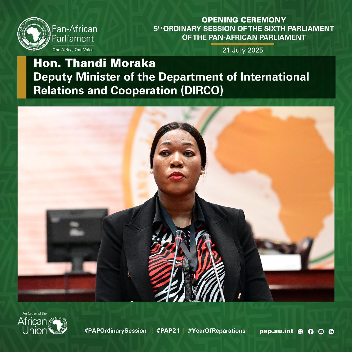AfrikParliament's tweet photo. Welcome remarks to be delivered by the Representative of the Host Country South Africa, Hon. Thandi Moraka, Deputy Minister of @DIRCO_ZA .
#PAPOrdinarySession #PanAfricanParliament #YearOfReparations #Agenda2063 #AfricaWeWant #OneAfricaOneVoice #SouthAfrica https://t.co/yhgwDeWaXX