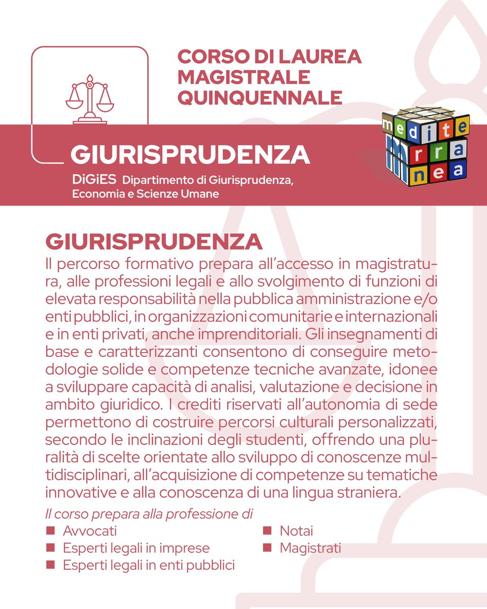 🎓 Giurisprudenza – Corso di Laurea Magistrale a ciclo unico
📍 Università Mediterranea | Dipartimento DiGiES
🗓️ A.A. 2025/2026

🔹 Iscrizioni aperte

📌 Avvocati
📌 Notai
📌 Magistrati
📌 Esperti legali in ambito pubblico e privato

➡️ Tutte le info su unirc.it