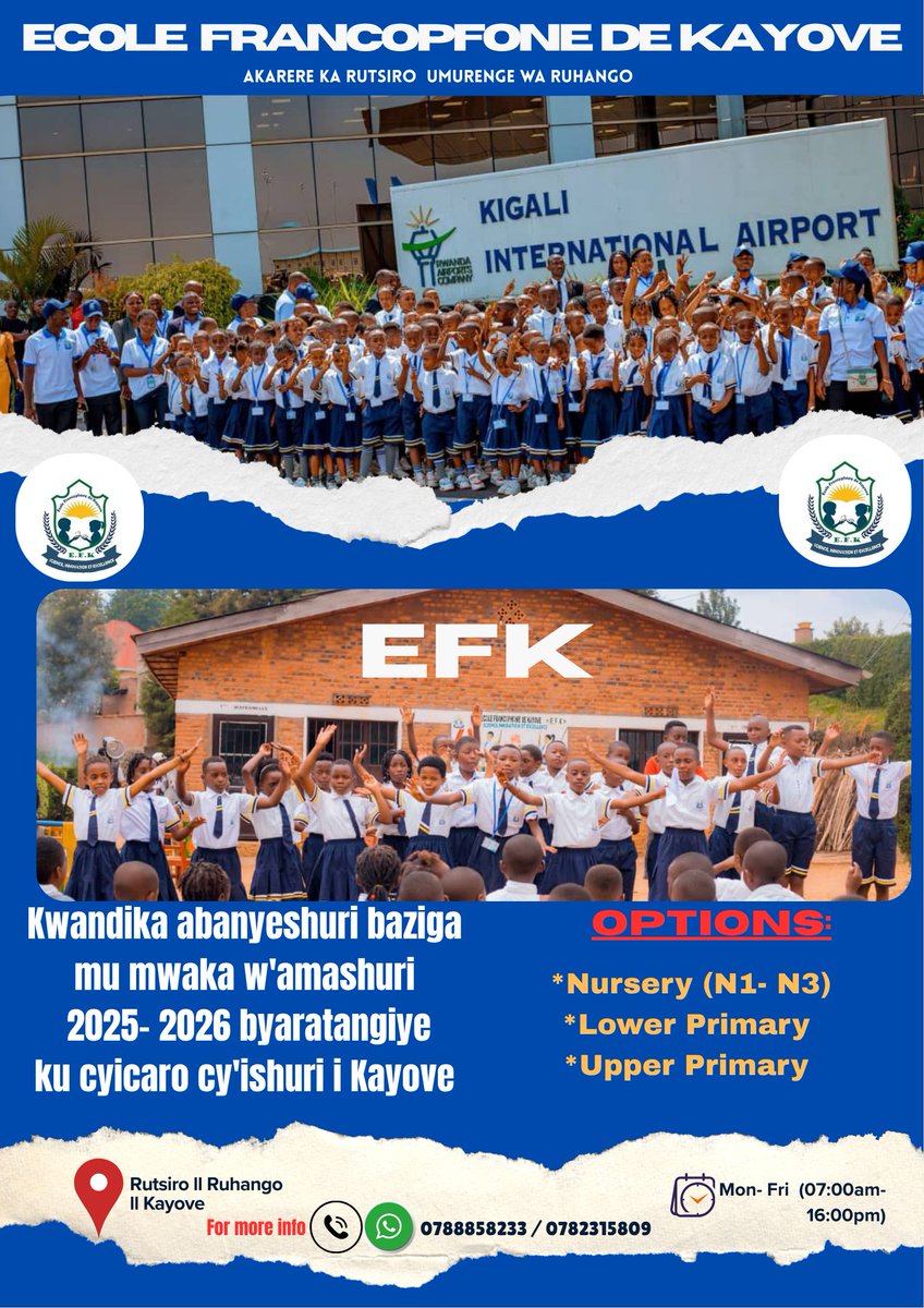⚠️ITANGAZO⚠️
Ubuyobozi bwa <a href="/EcoledeKayove/">ECOLE FRANCOPHONE DE KAYOVE</a> iherereye muri <a href="/RwandaWest/">Western Province I Rwanda</a>, <a href="/RutsiroDistrict/">Rutsiro District</a> , mu murenge wa Ruhango, Akagari ka Nyakarera, buramenyesha ababyifuza bose ko bwatangiye kwandika abanyeshuri bashya. Mwahamagara kuri: 0788858233,0785407986 cg 0783286738.