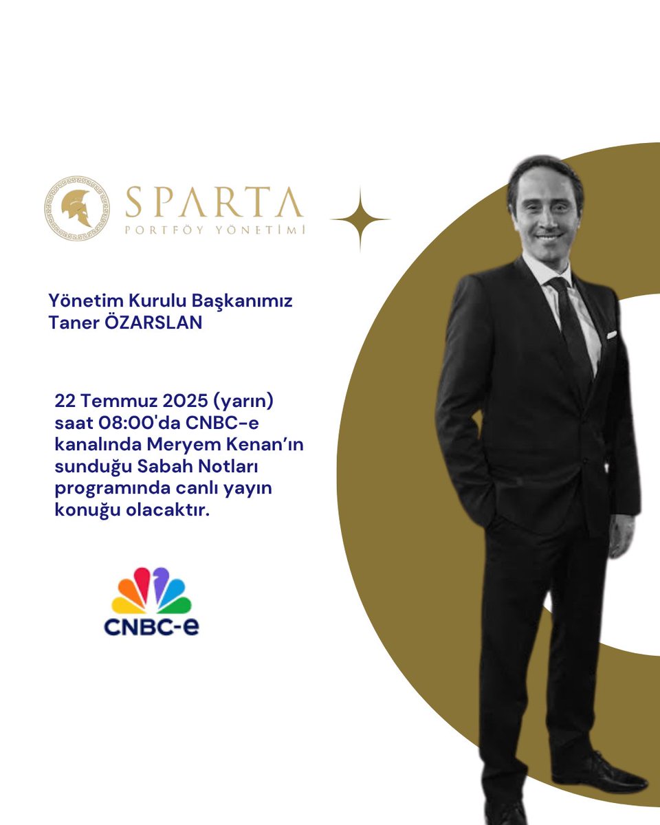 Yönetim Kurulu Başkanımız Taner Özarslan yarın saat 08.00'da CNBC-e ekranlarında Meryem Kenan'ın sunduğu "Sabah Notları" programında canlı yayın konuğu olacaktır. Keyifli seyirler!