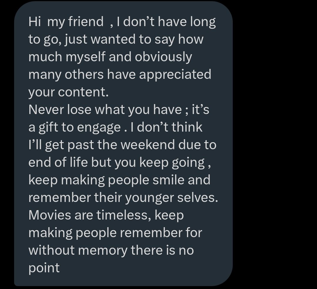 TheStingisBack's tweet image. I received this message last week. We spoke for an hour, about how he was looking forward to seeing his father again and the movies they enjoyed together. He told me to 'keep enthusing people. It's important', I intend to do just that.
We touch lives here. Remember that.