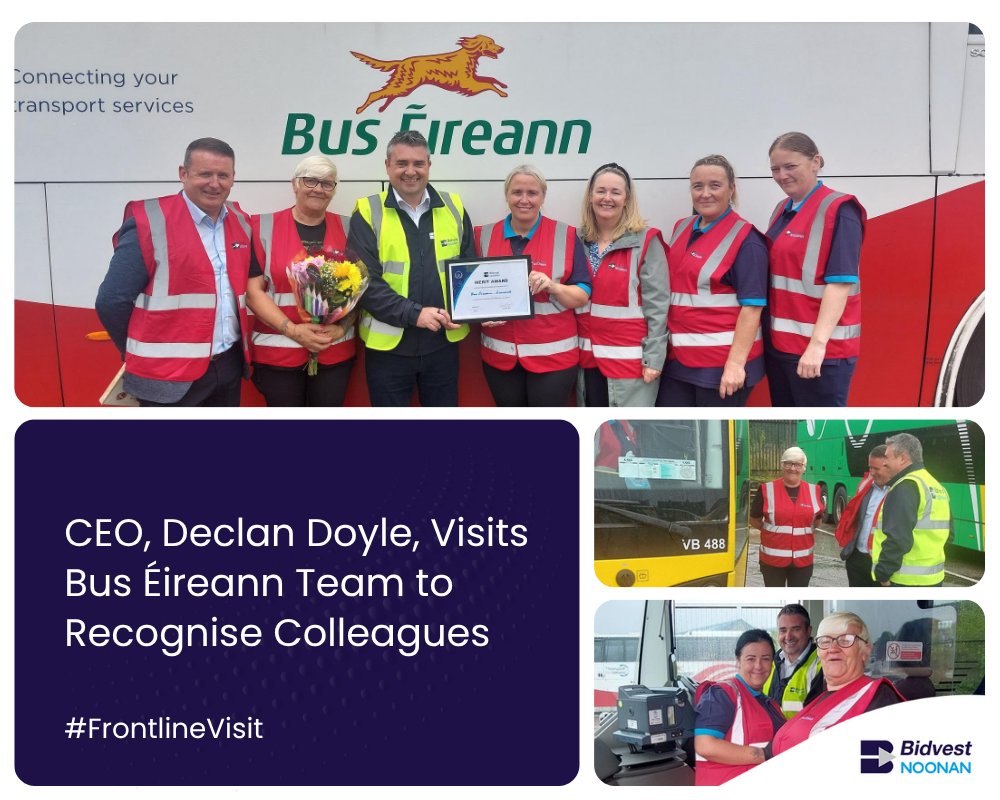 Declan Doyle visited Bus Éireann’s Roxboro Depot, meeting colleagues and honoring long service. Our teams keep buses and facilities clean nationwide. With Ray Cantwell and Valerie Farrell, Declan toured the site, recognizing the team’s dedication to high standards.