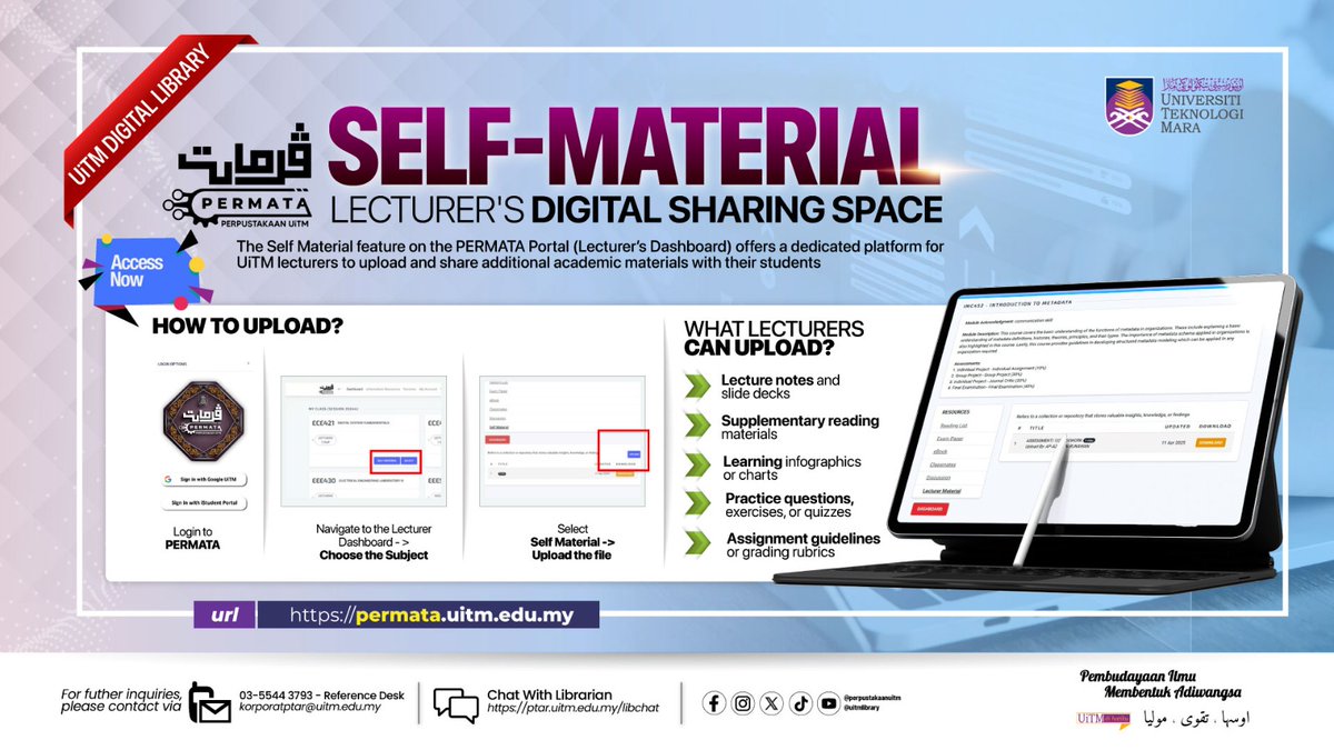 uitmlibrary's tweet image. 4/ ❓ Perlu bantuan?
💬 app.library.uitm.edu.my/libchat/
#UiTM #PERMATAUiTM #LecturerSupport #StudentTools #AcademicSharing