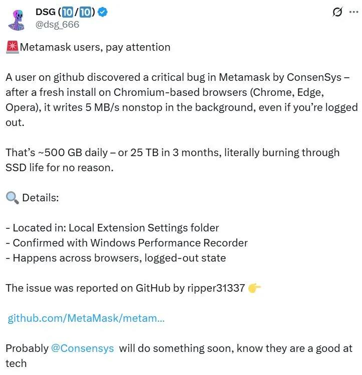 🚨 BREAKING: Bug di MetaMask danneggia SSD: in arrivo una patch da Consensys