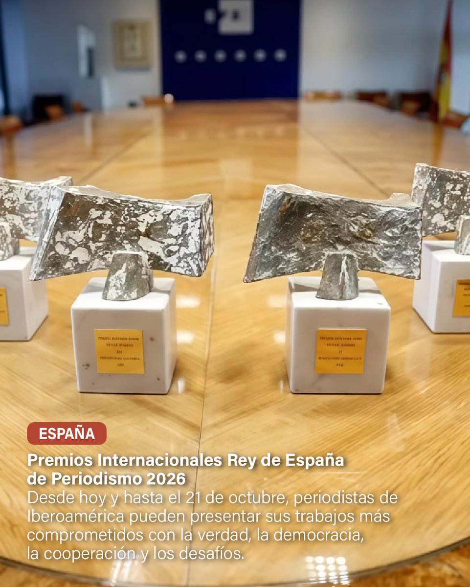 AECID_es's tweet image. 📰 ¡Vuelve el reconocimiento al mejor periodismo iberoamericano!
Premios Rey de España de Periodismo 2026
📅 21 de octubre
🏆 6 categorías
💬 Español o portugués
💶 Dotados con 10.000 €
Convocan @EFEnoticias y @AECID_es
👉 acortar.link/Fe76pm
#PremiosReydeEspaña #Periodismo
