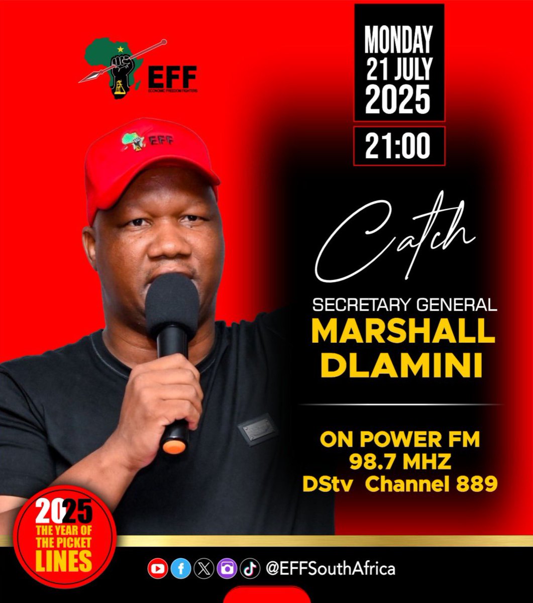 Economic Freedom Fighters (@effsouthafrica) on Twitter photo โฆ๏ธ Happening Tonightโฆ๏ธ
The EFF Secretary General, Commissar <a href="/DlaminiMarshall/">Marshall Dlamini</a>, will be live on Power Perspective with <a href="/PowerFM987/">POWER 98.7</a> at 21h00!
He will reflect on 12 Years of Fearless Struggle, Militant Activism, and Revolutionary Advancements.
Donโt Miss It!
#EFFTurns12 โฆ๏ธ Happening Tonightโฆ๏ธ
The EFF Secretary General, Commissar <a href="/DlaminiMarshall/">Marshall Dlamini</a>, will be live on Power Perspective with <a href="/PowerFM987/">POWER 98.7</a> at 21h00!
He will reflect on 12 Years of Fearless Struggle, Militant Activism, and Revolutionary Advancements.
Donโt Miss It!
#EFFTurns12