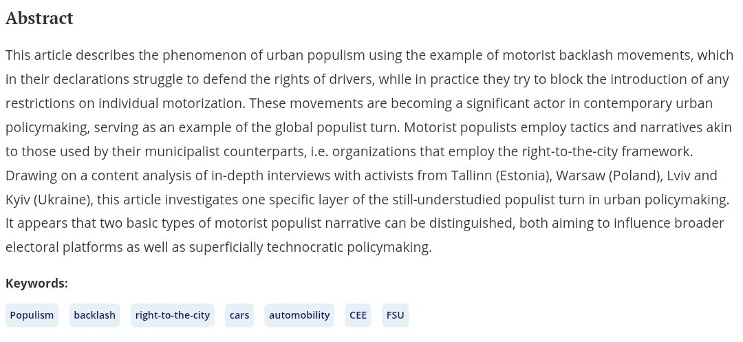 My latest peer‑reviewed article on urban right-wing populism and the motorist backlash in Tallinn, Kyiv, Lviv, and Warsaw has just been published in "Mobilities", a leading urban studies journal, and is available open access: doi.org/10.1080/174501…