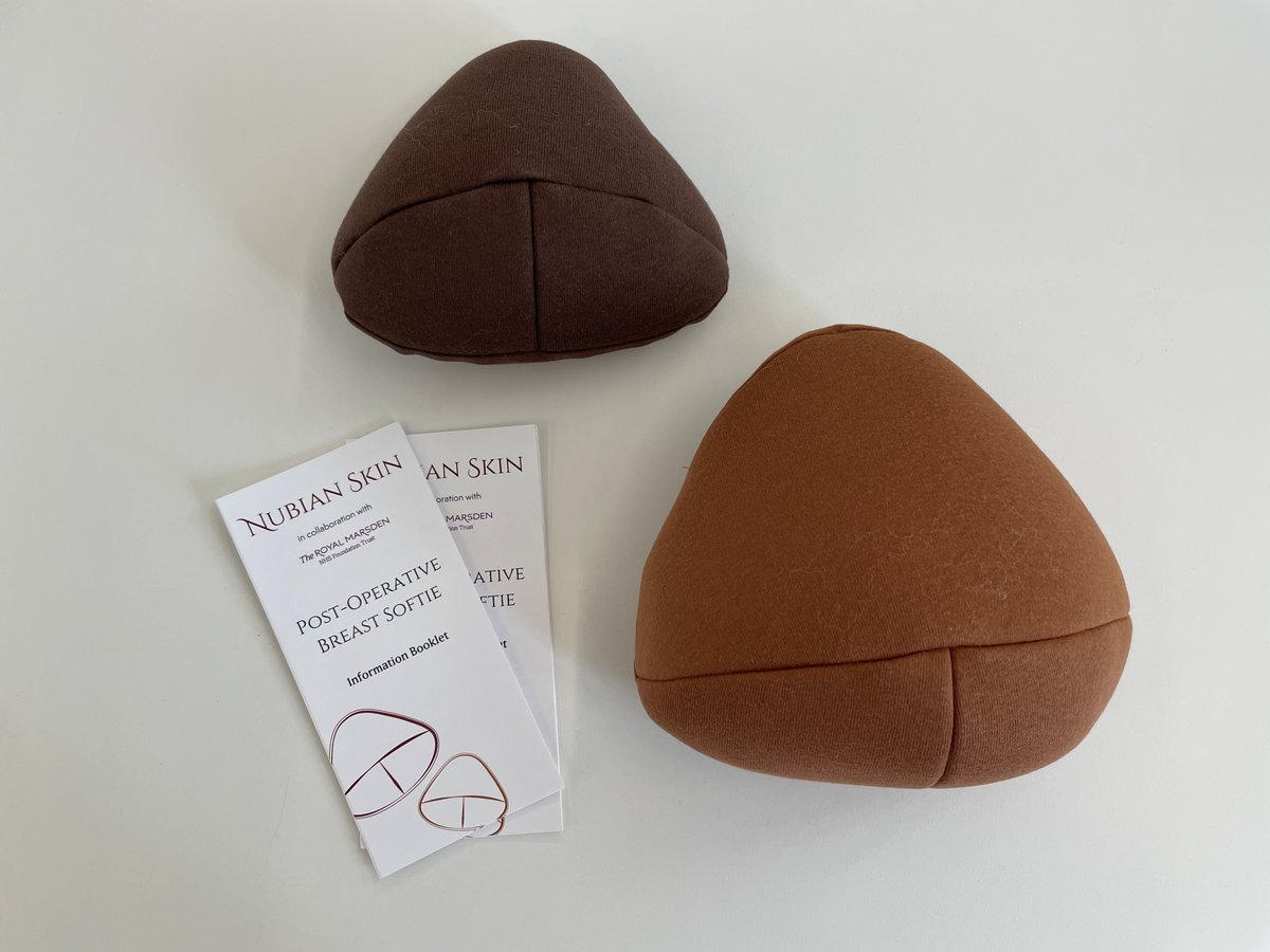 rcgp's tweet image. As a part of South Asian Heritage Month, we highlight two objects on display in RCGP’s current Health Inequalities exhibition. These two breast softies were created by Nubian Skin in partnership with The Royal Marsden NHS Foundation Trust.
A breast softie is a lightweight fabric…