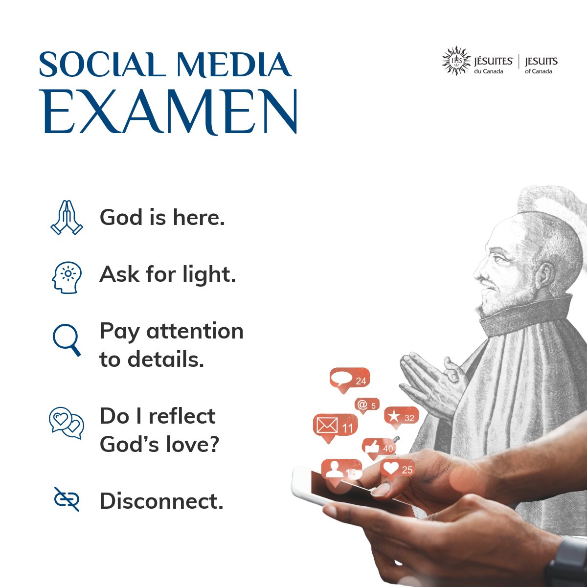 JesuitsofCanada's tweet image. We scroll, we tap, we click — and sometimes, we lose ourselves.
The Social Media Examen invites us to pause and ask not just what we’re doing online, but who we’re becoming.
Make your screen time soul time.
👉 hubs.la/Q03x_c2K0